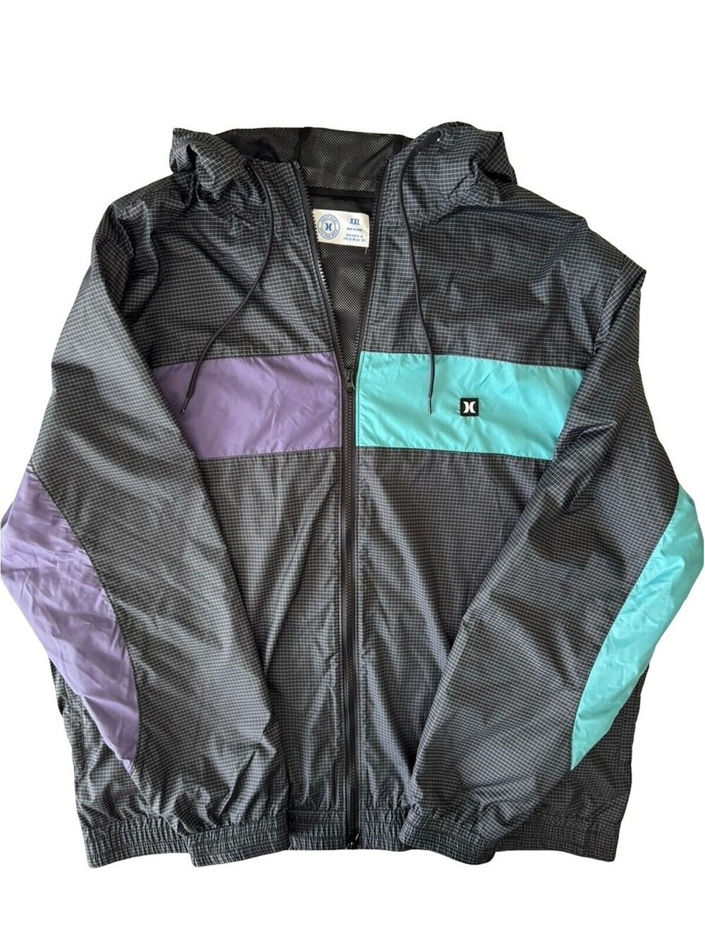 Hurley Men's Windbreaker Jacket XXL Black Aqua Purple Hooded Full Zip Surf Skate